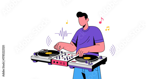 Colorful dj mixing music with turntables and headphones in modern style