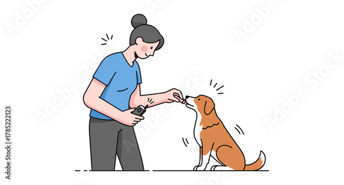 Woman training dog with clicker in minimalist style