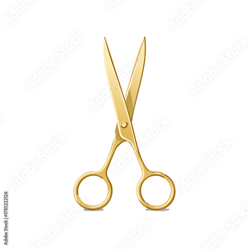 Open gold scissors isolated on white background, stationery element, tool for work and hobby, sharp blades