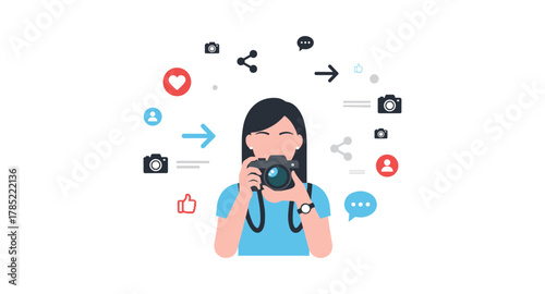 Social media content creator with camera and engagement icons around her
