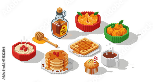 Isometric breakfast spread with pancakes, waffles, and fruits