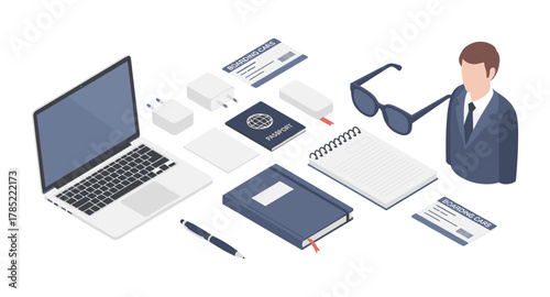 Business travel essentials in isometric style with laptop, notebook, and accessories