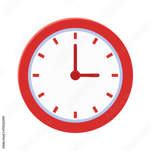 Red Round Clock with Clock Hands Depicting 3 O'Clock, Time Management Illustration