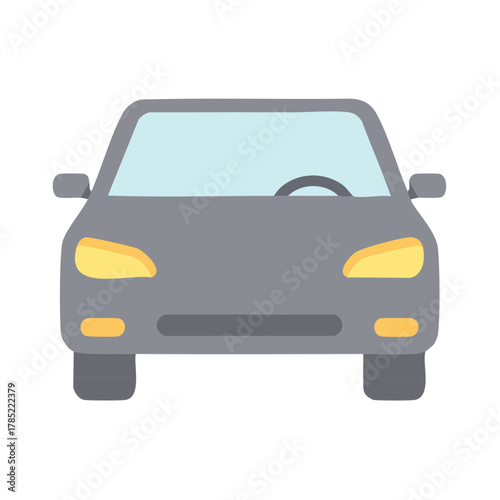 Front-view illustration of a gray car with lit headlamps on white background.