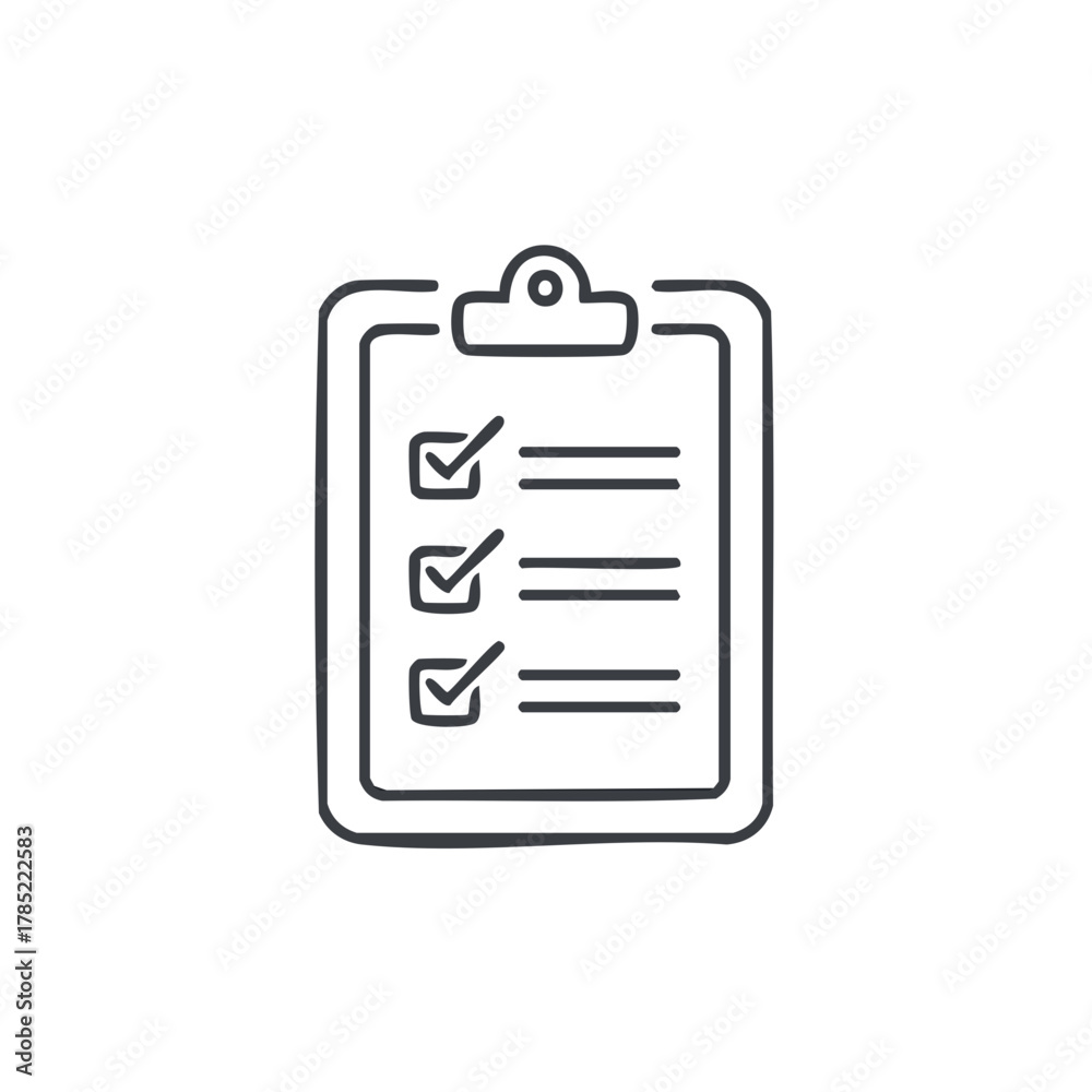 Fototapeta premium Hand drawn checklist on clipboard with three completed tasks done icons