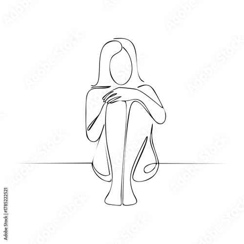 Isolated woman in minimalist line art, sitting on floor hugging knees with thoughtful mood