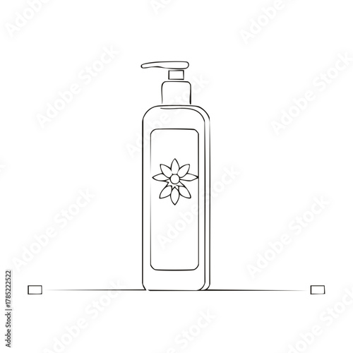 Simple line art bottle with floral design and pump dispenser for personal care and beauty products