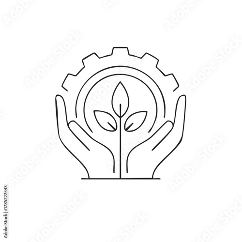 Hands nurturing a plant sprout with industrial gear, symbolizing green technology and sustainable growth