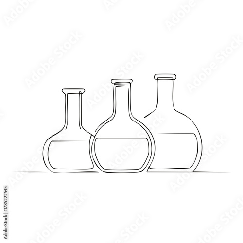 Three laboratory flasks with liquid in a simple outline drawing