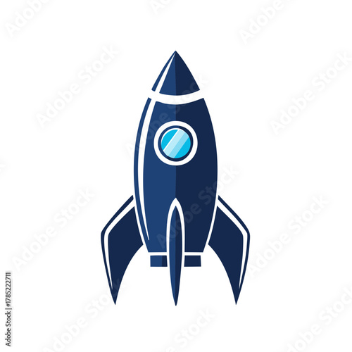 Futuristic blue rocket ship with circular window in stylized illustration for space exploration