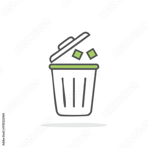 Simple line art illustration of a garbage can with green lid and thrown away items for deletion.