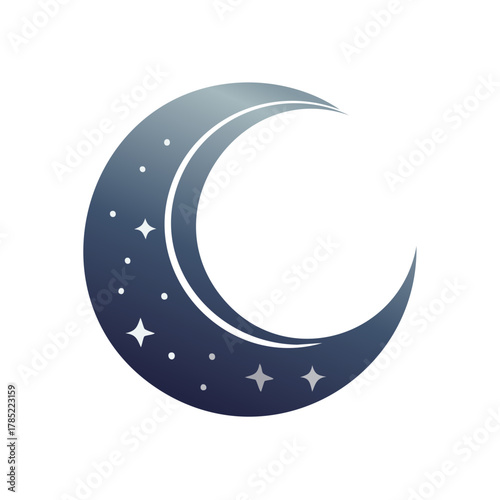 Crescent moon with stars and glowing gradient on a dark blue night sky background