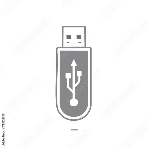 Simple grey USB flash drive icon with universal serial bus symbol for data transfer