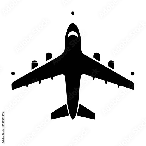 Black airplane icon flying overhead simple vector graphic illustration for travel and aviation