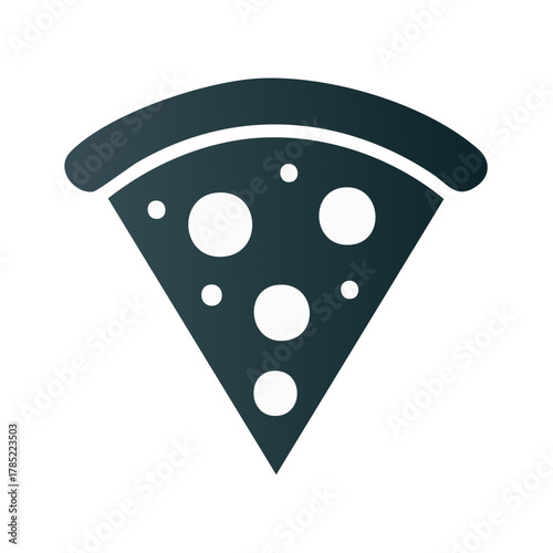 Simple graphic icon of a slice of pepperoni pizza with white circular toppings
