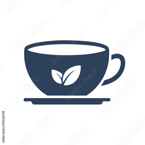 Dark blue tea cup with leaf symbol on saucer simple clean icon