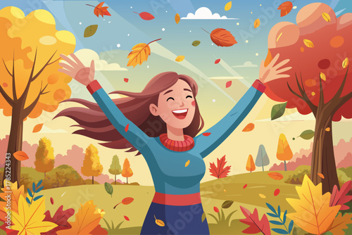 Happy woman smiling and throwing colorful autumn leaves in the air, happy seasonal outdoor portrait, autumn nature park background, happy lifestyle photography concept.