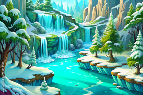 Frozen turquoise waterfalls and snow-covered trees in Plitvice Lakes National Park during calm winter morning