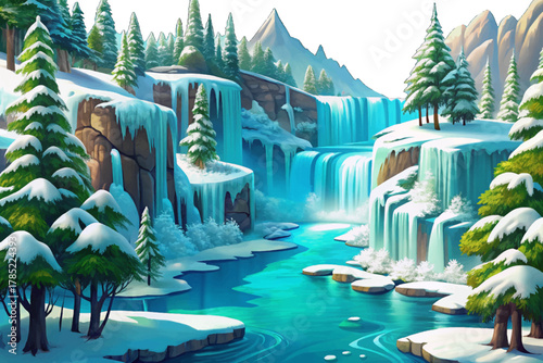 Frozen turquoise waterfalls and snow-covered trees in Plitvice Lakes National Park during calm winter morning