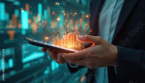 Person holds smartphone showing digital city. Data streams flow from screen. Futuristic tech displays show charts. Business person uses device for analytics, future planning.