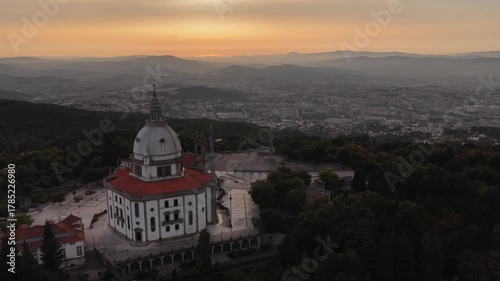 View from Sameiro sanctuary to Braga city reveal at sunset 