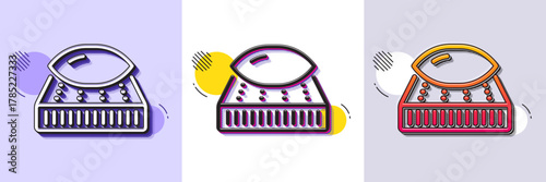 Mattress with pillow line icon. Halftone dotted pattern. Gradient icon with grain shadow. Orthopedic pad sign. Breathable sleep bed symbol. Line mattress icon. Various designs. Vector