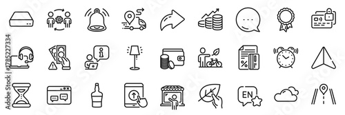 English, Interview and Eco bike line icons pack. Share, Message, Paper plane icons. Growth chart, Payment method, Market seller web icon. Card, Bribe, Scotch bottle pictogram. Vector