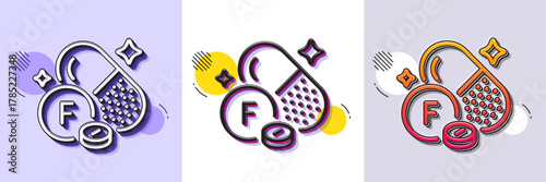 Fluorine mineral line icon. Halftone dotted pattern. Gradient icon with grain shadow. Chemical element F sign. Capsule or pill symbol. Line fluorine mineral icon. Various designs. Vector