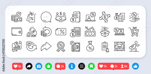 Clipboard, Loan percent and Accounting wealth line icons pack. Social media: share, comment, like icons. Payment exchange, Report document, Online tax web icon. Vector