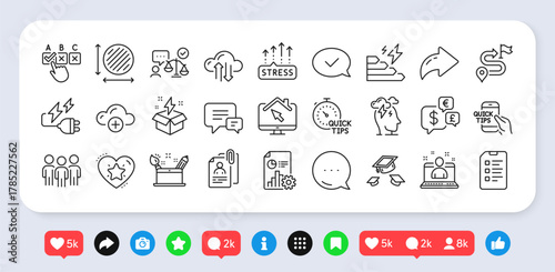 Creativity concept, Approved message and Comment line icons pack. Social media: share, comment, like icons. Checklist, Stress, Cloud computing web icon. Vector