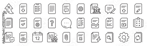 Document Management line icons. Settings gear, Message, Inflation icons. Set of Report, Checklist and Copy icons. Download file, Remove and Attach clip symbols. Vector
