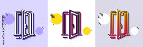 Open door line icon. Halftone dotted pattern. Gradient icon with grain shadow. Entrance doorway sign. Building entry symbol. Line open door icon. Various designs. Vector