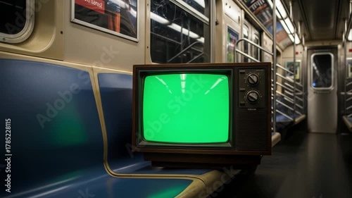 Retro television with green screen on moving subway train for your creative video projects, perfect for vintage scenes and modern storytelling