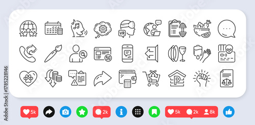 Calendar, Cogwheel and Parking line icons pack. Social media: share, comment, like icons. Outsource work, Blood, Sign out web icon. Voicemail, Share call, Cross sell pictogram. Vector