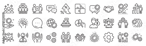 Employees benefits line icons. Settings gear, Message, Inflation icons. Business strategy, handshake and people collaboration. Teamwork, social responsibility, people relationship icons. Vector