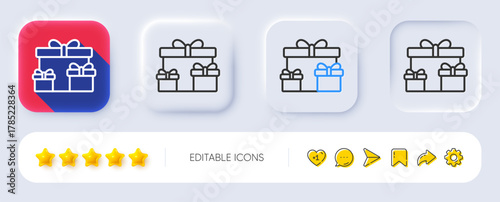 Gift boxes line icon. Neumorphic, Flat shadow, 3d buttons. Present or Sale sign. Birthday Shopping symbol. Package in Gift Wrap. Line surprise boxes icon. Social media icons. Vector