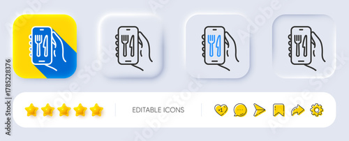 Restaurant app line icon. Neumorphic, Flat shadow, 3d buttons. Hand hold phone sign. Cellphone with screen notification symbol. Line restaurant app icon. Social media icons. Vector
