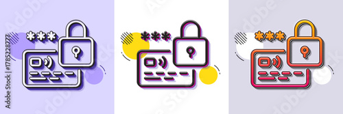 Lock line icon. Halftone dotted pattern. Gradient icon with grain shadow. Protected credit card sign. Password security symbol. Line lock icon. Various designs. Vector