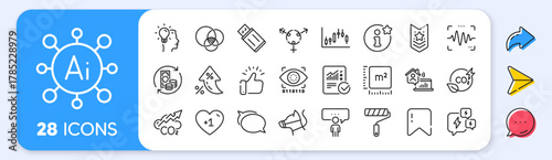 Info, Stress and Dog leash line icons. Interest rate, AI generate, Inflation icons. Pack of Paint roller, Voice wave, Usb flash icon. Shoulder strap, Genders, Talk bubble pictogram. Vector