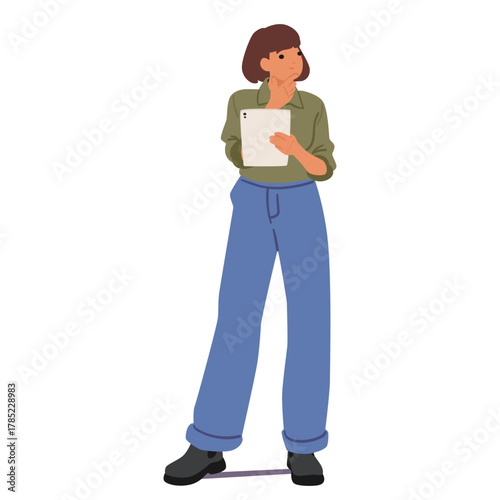 Pensive young casual businesswoman cartoon character thinking on task holding mobile tablet in hands