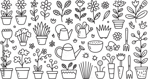 Black and white doodle collection of potted plants watering cans and garden tools drawing illustration