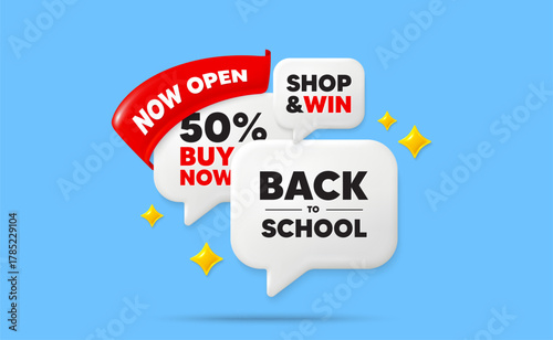 Back to school speech bubbles. Now open flag ribbon. Back to school tag. Education offer. End of vacation slogan. Discount chat bubbles with 3d sparkles. Vector
