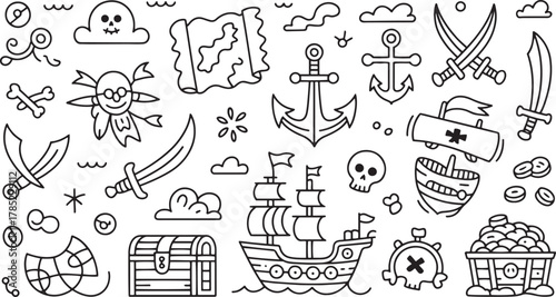 Black and white doodle sheet with pirate theme elements including ships skulls treasure map and swords
