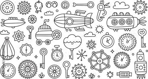 Black and white doodle sheet with steampunk inspired airships gears keys and clocks illustration outline
