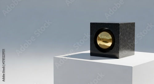 Abstract Black Marble Cube with Golden Sphere on White Pedestal perfect for website banner, luxury branding, interior design inspiration,