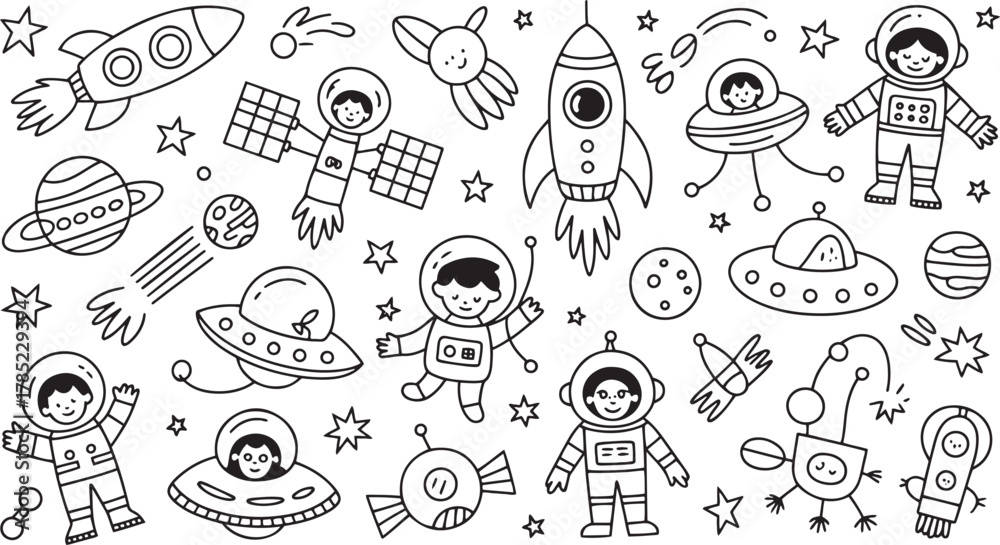 Fototapeta premium Whimsical doodle sheet of astronauts rockets planets and U F Os in black and white space alien