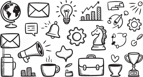 Collection of hand drawn business and office icons including globe lightbulb graph and briefcase envelope