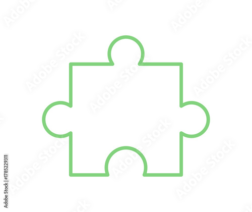 Flat silhouette of jigsaw puzzle piece. Minimal outline design for activity and play. Classic boardgame concept with toy visuals. White table background for hobby and leisure graphic.