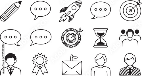 Collection of hand sketched icons for business and communication pencil speech bubble