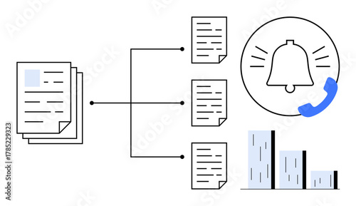 Documents connected through workflow to notifications and bar graph. Ideal for productivity, data flow, organization, notifications, workflow automation, communication, efficiency. Clean simple flat